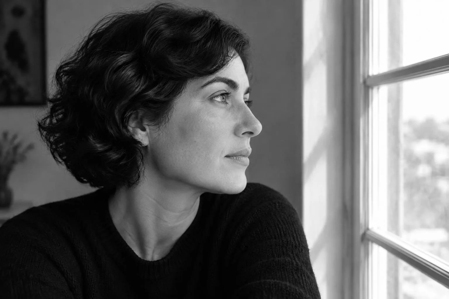 Retrato de perfil a preto e branco junto a uma janela